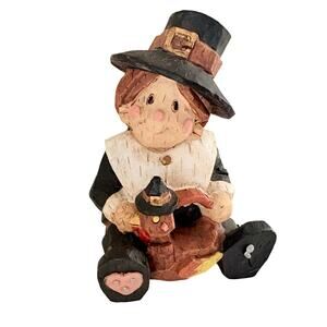 Thanksgiving Pilgrim Figurine 5" Three Hands Corp W/Turkey Fall Decor Boxed 1998